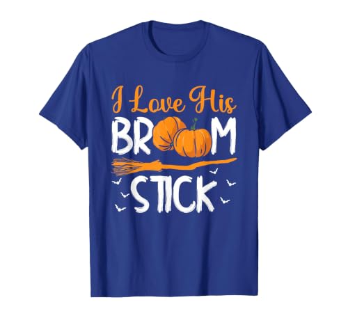 Match Halloween Couple Costumes I Love His Broomstick I Love Her Pumpkins T-Shirt - size chart