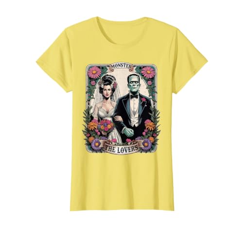 The Lovers Tarot Card Spooky Halloween Women Men The Monster Frankenstein and Bride The Lovers Tarot Card T-Shirt - size
