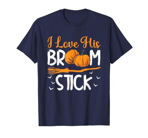 Match Halloween Couple Costumes I Love His Broomstick I Love Her Pumpkins T-Shirt - size chart