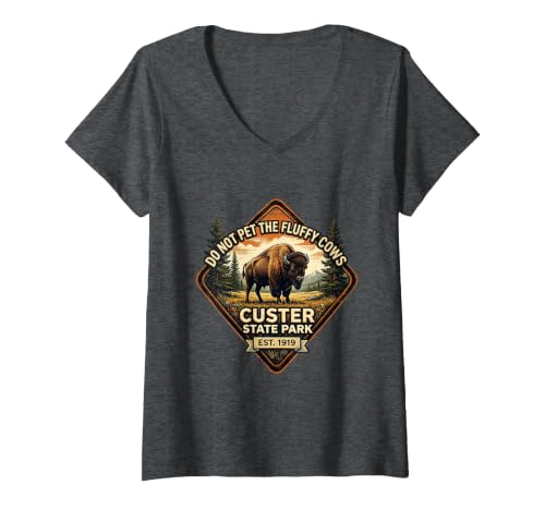 Mademark Women's Do Not Pet The Fluffy Cows Custer State Park Design V-Neck T-Shirt - size chart