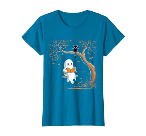 Halloween Ghost Swing Reading Vintage Ghost Swing Reading Book Swinging Halloween Costume T-Shirt - size chart