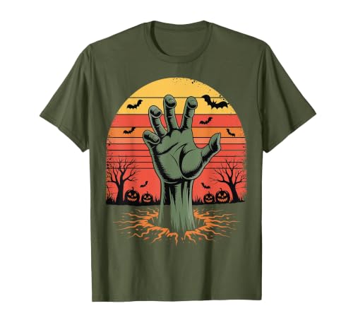 Creepy Undead Zombie Hand Retro Sunset Scary Zombie Hand Retro Sunset Halloween Horror Tee T-Shirt - size chart