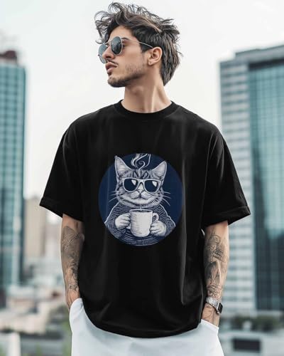 NITBANLA T-Shirts for Men, Cat Coffee Crew Neck Cotton T-Shirt Men's Short Sleeve,Black-XL - size chart