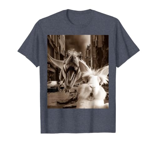 Funny Bunny Rabbit Selfie with T-Rex Tyrannosaurus Dinosaur T-Shirt — design detail