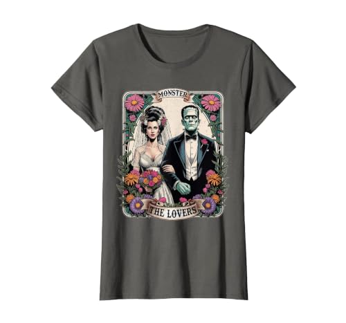 The Lovers Tarot Card Spooky Halloween Women Men The Monster Frankenstein and Bride The Lovers Tarot Card T-Shirt - size
