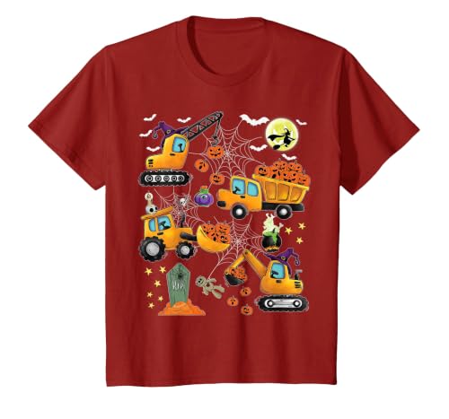 Kids Fun Construction Vehicle Halloween spider web Kids Construction Vehicle Halloween Crane Truck Pumpkin Boys T-Shirt -