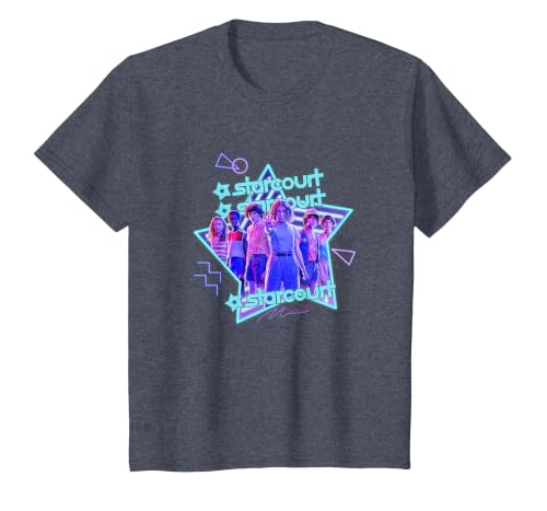 Stranger Things Starcourt Mall Vintage Neon Group Portrait T-Shirt - size chart