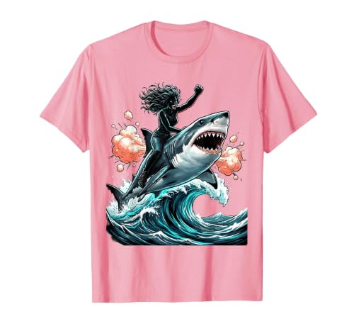 Mademark Woman Riding Shark Through Crashing Wave T-Shirt - size chart