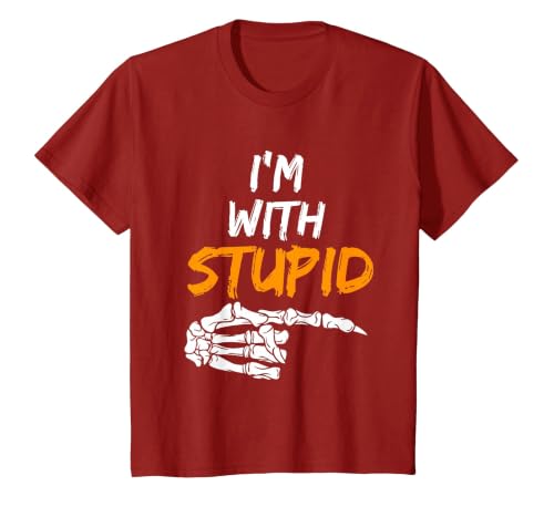 I'm With Stupid Shirts I'm with Stupid Skeleton Hand Pointing Right Funny Halloween T-Shirt - size chart