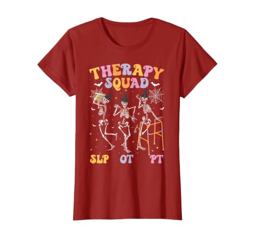Speech Occupational Physical Therapy Halloween Therapy Squad SLP OT PT Halloween Speech Physical Skeleton T-Shirt - size