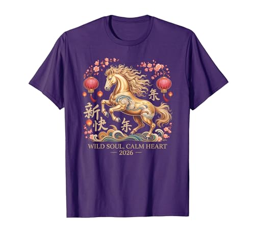 Chinese New Year 1990 Birthday Fortune Prosper Red Festive 2026 Horse Lady Crazy Wild Soul Calm Heart Lunar T-Shirt - size chart