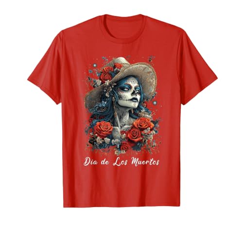DIRHAME Dia De Los Muertos Mexican Sugar Skull Girl Halloween Dia De Los Muertos T-Shirt - size chart