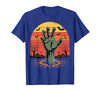 Creepy Undead Zombie Hand Retro Sunset Scary Zombie Hand Retro Sunset Halloween Horror Tee T-Shirt - size chart