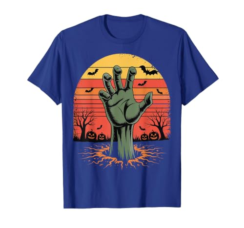 Creepy Undead Zombie Hand Retro Sunset Scary Zombie Hand Retro Sunset Halloween Horror Tee T-Shirt - size chart