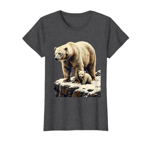 Mademark Mama Polar Bear and Cub Snowy Cliff Illustration T-Shirt - size chart