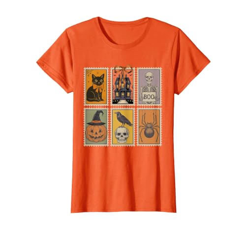 Halloween Stamp Cute Ghost Cute Fall Apparel Vintage Halloween Stamp Cute Ghost Pumpkin Cat Retro Fall T-Shirt - size chart