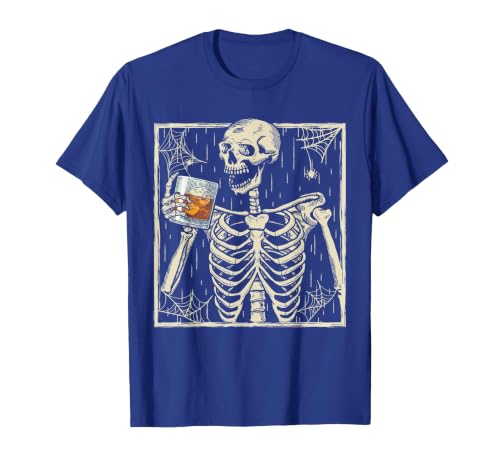 Funny Skeleton Drinking Bourbon Whiskey Halloween Alcoholic T-Shirt - size chart