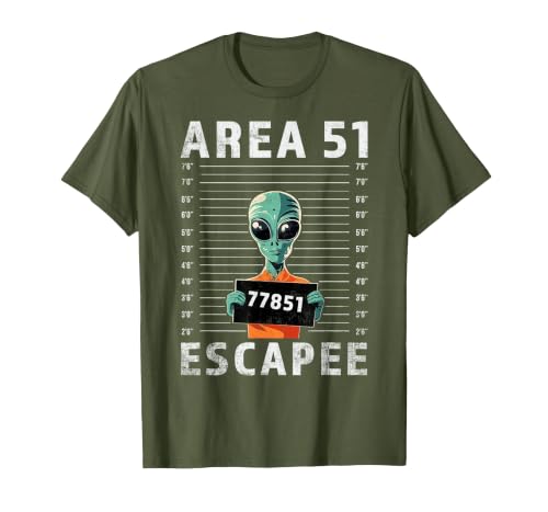 Funny Alien Halloween Costume Mugshot Alien Area 51 Escapee Funny Alien Mug Shot UFO T-Shirt - size chart
