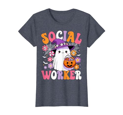 Groovy Social Worker Halloween Ghost Costume Halloween Social Worker Ghost Cute Social Worker Halloween T-Shirt - size chart
