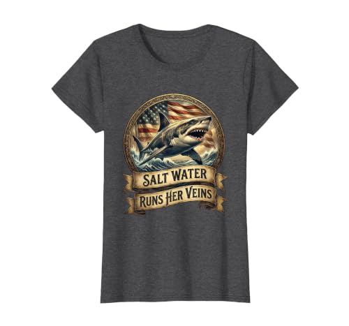 Mademark Salt Water Runs Her Veins Shark Women Design T-Shirt - size chart