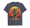 Creepy Undead Zombie Hand Retro Sunset Scary Zombie Hand Retro Sunset Halloween Horror Tee T-Shirt - size chart