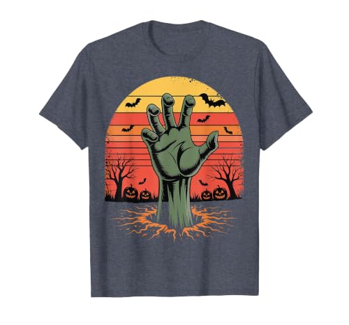 Creepy Undead Zombie Hand Retro Sunset Scary Zombie Hand Retro Sunset Halloween Horror Tee T-Shirt - size chart