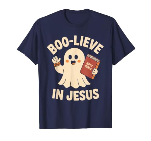 Christian Halloween Merch Boo-Lieve in Jesus - Christian Halloween Christianity T-Shirt - size chart