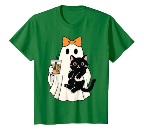 halloween iced coffee costume Cat Women Girls Cute Halloween Cat Ghost Drinking Coffee Ghost Women Girls T-Shirt - size chart
