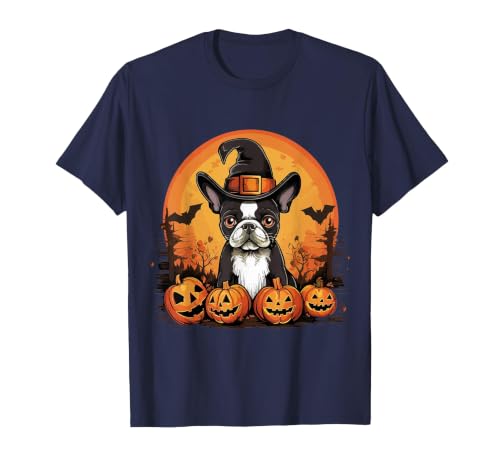 Boston Terrier Bostie Dog Halloween Designs Boston Terrier Bostie Dog Breed Pet Halloween Pumpkins T-Shirt - size chart