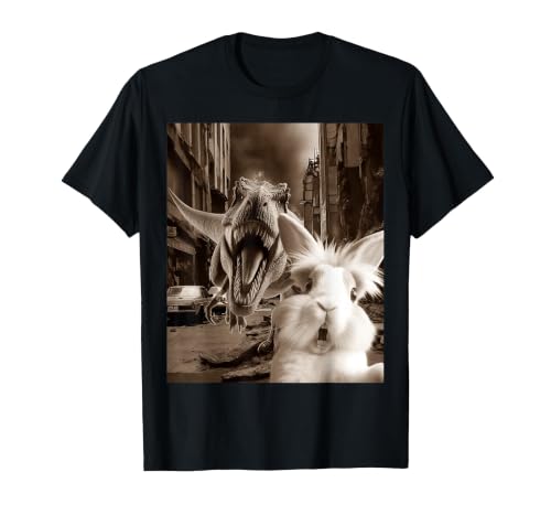 Funny Bunny Rabbit Selfie with T-Rex Tyrannosaurus Dinosaur T-Shirt — design detail