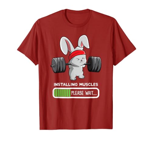 Bunny Gym Rabbit Weights Installing Muscles T-Shirt — design detail