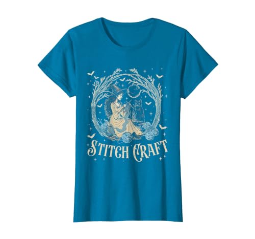 Witch Black Cat Halloween Witches Crochet Womens Stitch Craft Salem Witch Halloween Cat Witch Girls Trip T-Shirt - size chart
