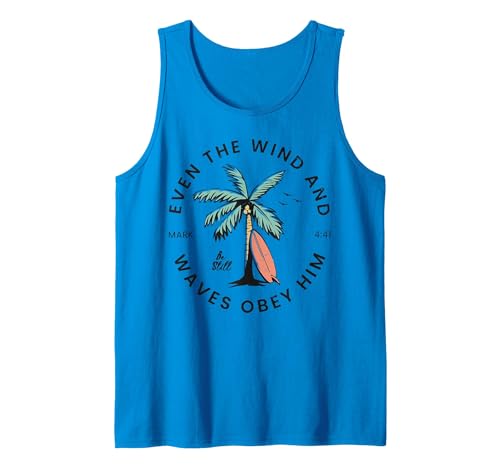 Surf Board And Palm Tree Summer Beach Tee Retro Even The Wind and The Waves Christian Bible Beach Tank Top - size chart