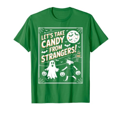 Classic Cool Candy Halloween Apparel Let's Take Candy from Strangers Retro Halloween T-Shirt - size chart