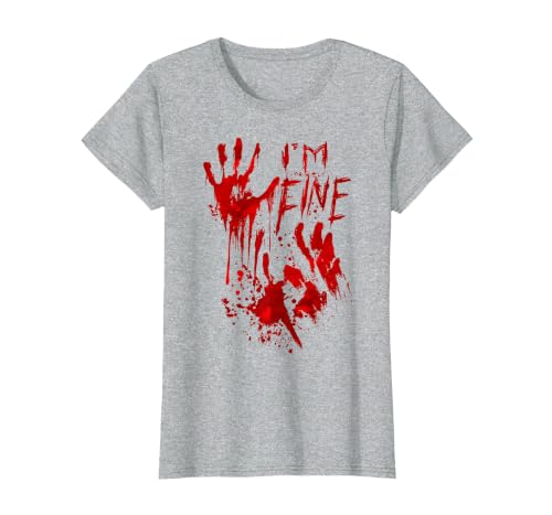 InGENIUS Halloween Shirts & Gifts I'm Fine Bloody Hand Blood Stained Splatter Funny Halloween T-Shirt - size chart