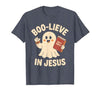 Christian Halloween Merch Boo-Lieve in Jesus - Christian Halloween Christianity T-Shirt - size chart