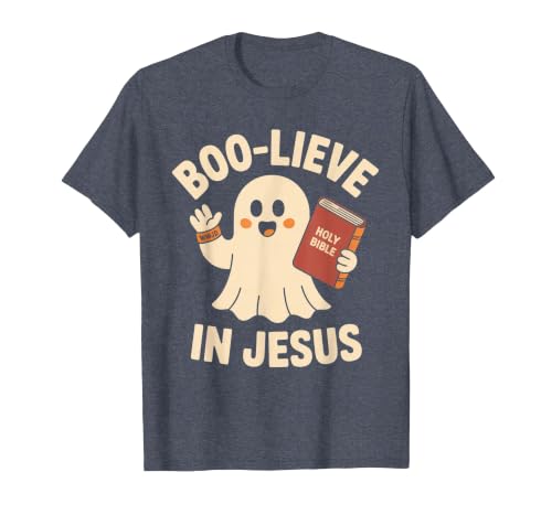 Christian Halloween Merch Boo-Lieve in Jesus - Christian Halloween Christianity T-Shirt - size chart