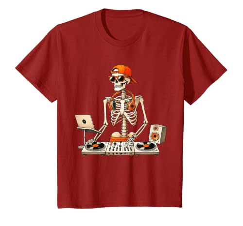 Funny Skeleton DJ Halloween Men Outfit Skeleton DJ Halloween Costume Turntable Music Funny Men Boys T-Shirt - size chart