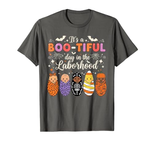 Its A Bootiful Day In The Laborhood Tee Nurse Spooky Swaddle Squad Halloween Funny Labor and Delivery T-Shirt - size chart