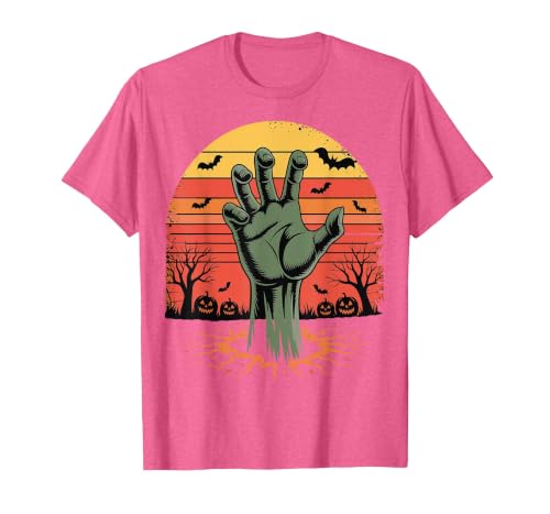 Creepy Undead Zombie Hand Retro Sunset Scary Zombie Hand Retro Sunset Halloween Horror Tee T-Shirt - size chart