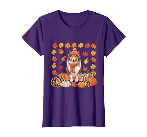 Shetland Sheepdog Sheltie Shop Sheltie Shetland Sheepdog Pumpkins Fall Leaves Halloween T-Shirt - size chart