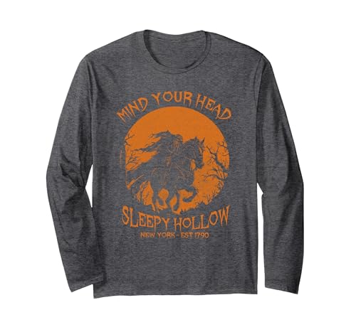Mind Your Head Sleepy Hollow Headless Horseman Halloween Long Sleeve T-Shirt - size chart