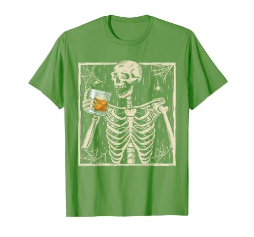 Funny Skeleton Drinking Bourbon Whiskey Halloween Alcoholic T-Shirt - size chart