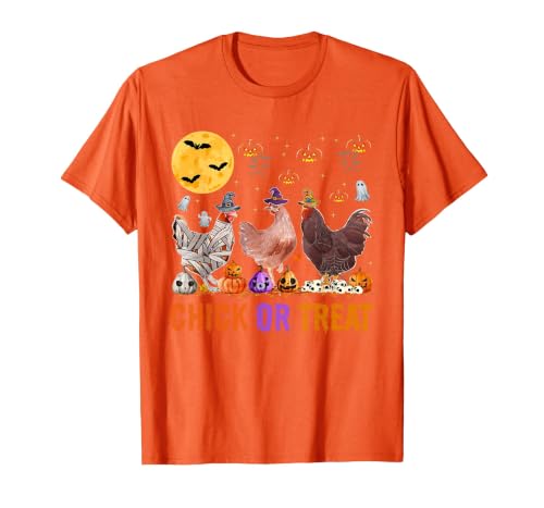 Autumn Pumpkin Chicken Halloween Chicken Farm Fall Halloween Chicken Pumpkin Chick Or Treat Spooky T-Shirt - size chart
