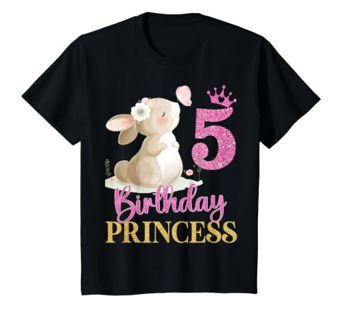 Kids 5th Birthday Rabbit Princess Girl Bunny 5 Years Old T-Shirt — design detail
