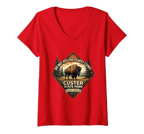 Mademark Women's Do Not Pet The Fluffy Cows Custer State Park Design V-Neck T-Shirt - size chart