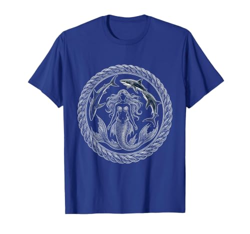 Mademark Mermaid and Circling Sharks Ocean Art Design T-Shirt - size chart
