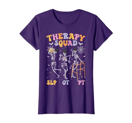 Speech Occupational Physical Therapy Halloween Therapy Squad SLP OT PT Halloween Speech Physical Skeleton T-Shirt - size
