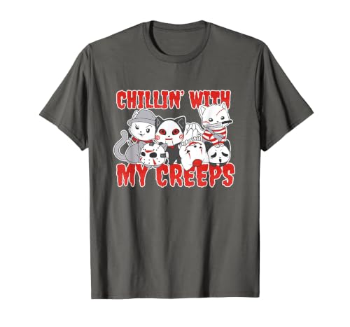 Chillin With My Creeps Apparel Chillin with My Creeps Cat Horror Killer Halloween Costume T-Shirt - size chart
