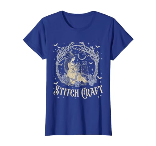 Witch Black Cat Halloween Witches Crochet Womens Stitch Craft Salem Witch Halloween Cat Witch Girls Trip T-Shirt - size chart